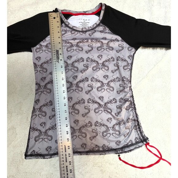 Singh Womens Rash Guard Swimwear Top Small Black Ruched Dragon Floral Stretch - Picture 7 of 7